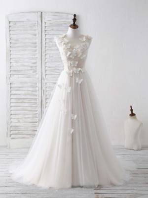 White Tulle Round Neck With 3d Lace/Applique Unique Long Prom Dress