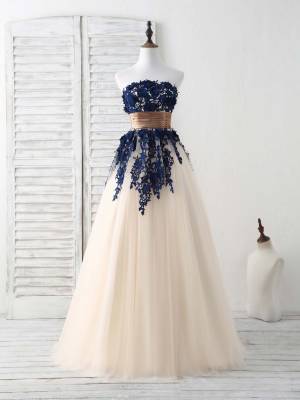Dark/Blue Lace Tulle With Applique Long Prom Bridesmaid Dress