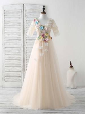 Champagne Lace Tulle With Applique Unique Long Prom Evening Dress