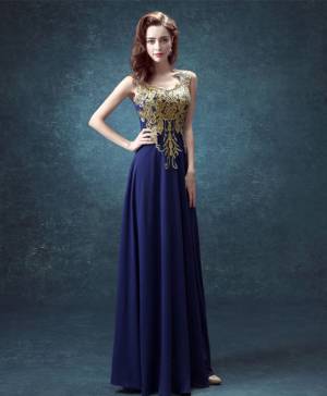 Navy/Blue/Gold Chiffon Lace Long Prom Dress