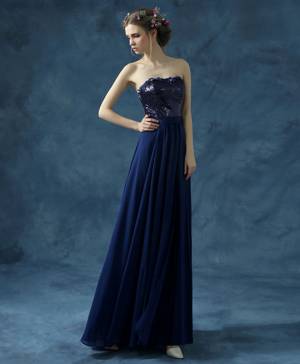 Navy/Blue Chiffon With Sequins Long Prom Formal Dress