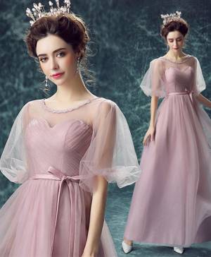 Pink Tulle Round Neck Long Prom Evening Dress