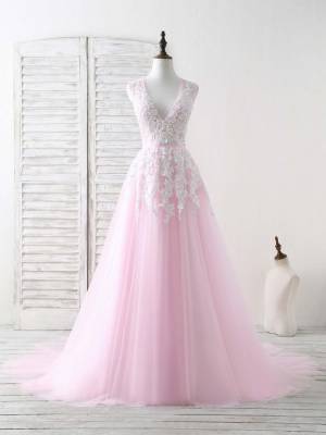 Pink Tulle Lace V-neck With Applique Long Prom Evening Dress
