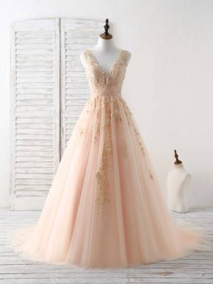 Tulle Lace V-neck With Applique Unique Long Prom Evening Dress