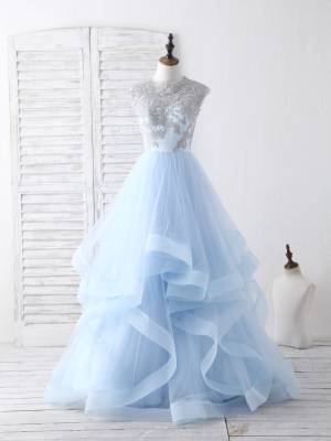 Blue Tulle Lace With Applique Long Prom Sweet 16 Dress