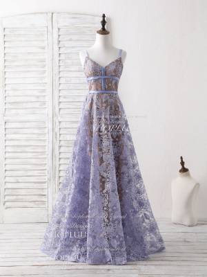 Purple Lace V-neck Unique Long Prom Evening Dress