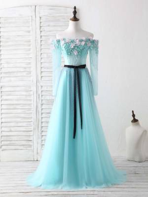 Green Tulle With Beads Long Prom Evening Dress