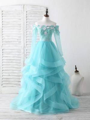 Green Tulle Lace With Applique Long Prom Evening Dress