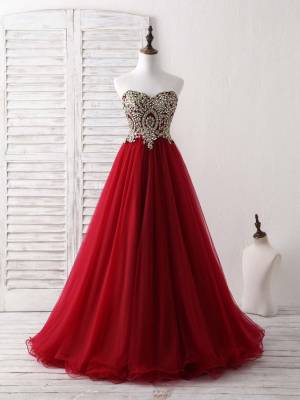 Burgundy Lace Tulle Sweetheart With Applique Long Prom Dress