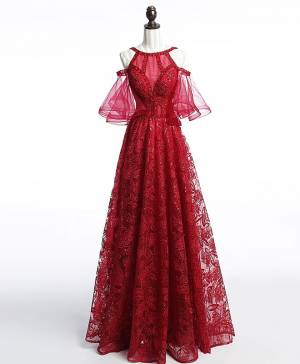 Burgundy Tulle Lace Off-the-shoulder Unique Long Prom Evening Dress