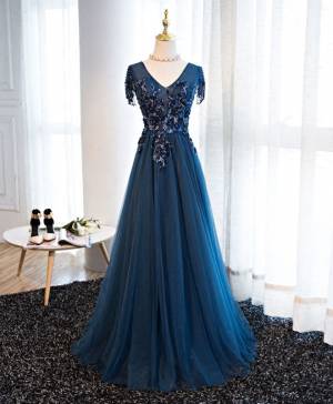 Dark/Blue Tulle A-line With Beaded Long Prom Formal Dress
