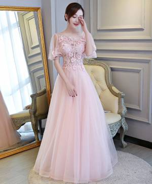 Pink Tulle Lace A-line Long Prom Evening Dress
