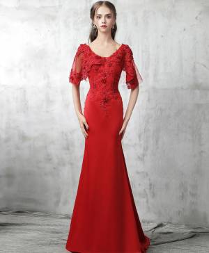 Burgundy Cap-sleeve Long Mermaid Prom Evening Dress