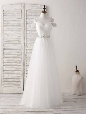 White Tulle Off-the-shoulder With Beads Long Prom Evening Dress