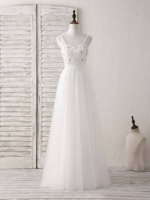 White Tulle Sweetheart With Beads Long Prom Evening Dress