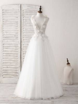 White Tulle V-neck With Beads Long Prom Evening Dress