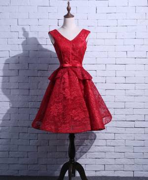 Red Lace V-neck Short/Mini Prom Homecoming Dress