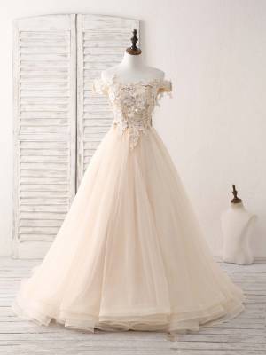 Champagne Lace Tulle With Applique Unique Long Prom Sweet 16 Dress
