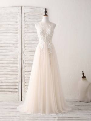 Champagne Tulle Lace Round Neck With Applique Long Prom Dress