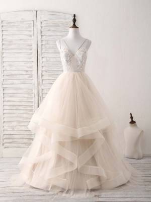 Champagne Tulle Lace V-neck With Applique Long Prom Sweet 16 Dress