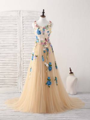 Champagne Tulle Lace With Applique Long Prom Evening Dress