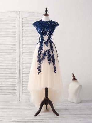 Dark/Blue Lace Tulle High Low Prom Bridesmaid Dress
