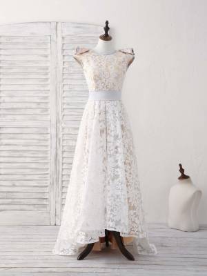 White Lace Round Neck High Low Prom Bridesmaid Dress