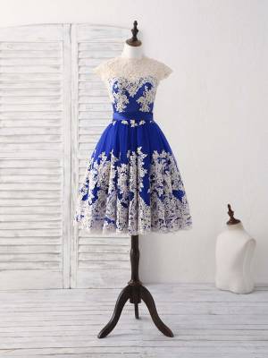 Blue Tulle Lace With Applique Short/Mini Unique Prom Bridesmaid Dress