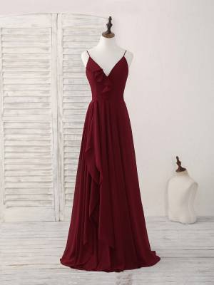 Burgundy Chiffon V-neck Simple Long Prom Bridesmaid Dress