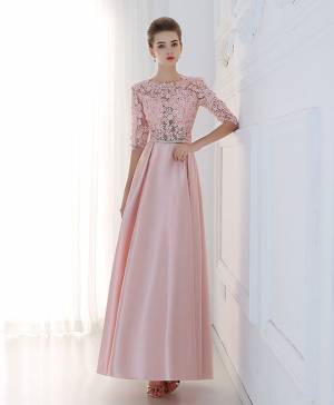 Lace Half-sleeve A-line Long Prom Evening Dress