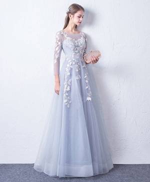 Gray/Blue Lace Tulle Round Neck With Applique Cute Long Prom Evening Dress