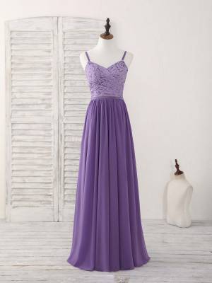 Purple Lace Chiffon Long Prom Bridesmaid Dress