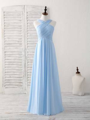 Blue Chiffon V-neck Simple Long Prom Bridesmaid Dress