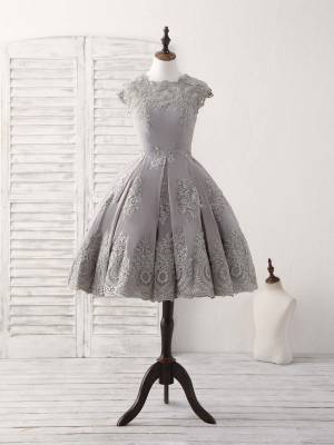 Gray Lace Round Neck Short/Mini Prom Bridesmaid Dress