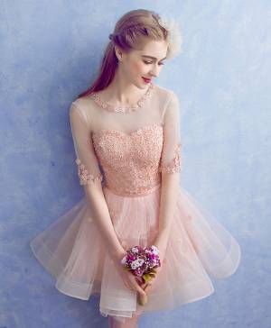Pink Tulle Round Neck With Applique Short/Mini Cute Prom Homecoming Dress