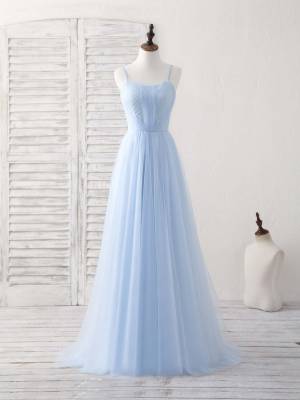Blue Tulle Simple Long Prom Bridesmaid Dress