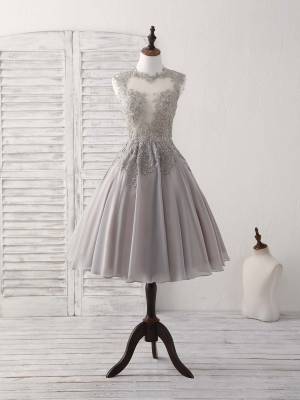 Gray Lace Chiffon High Neck Short/Mini Prom Bridesmaid Dress