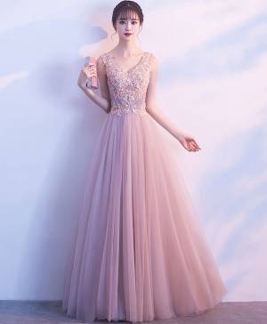 Pink Tulle Lace V-neck Cute Long Prom Evening Dress