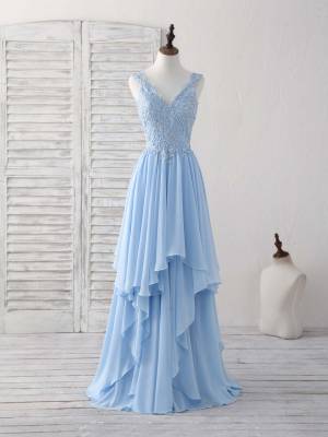 Blue Chiffon Lace V-neck With Applique Long Prom Bridesmaid Dress