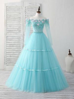 Green Tulle Lace With Applique Unique Long Prom Evening Dress