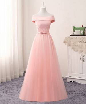 Pink Lace Tulle A-line Long Prom Evening Dress