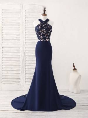 Dark/Blue Lace Long Mermaid Prom Bridesmaid Dress