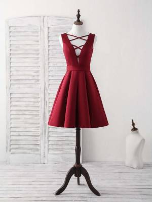 Burgundy Satin V-neck Short/Mini Simple Prom Homecoming Dress