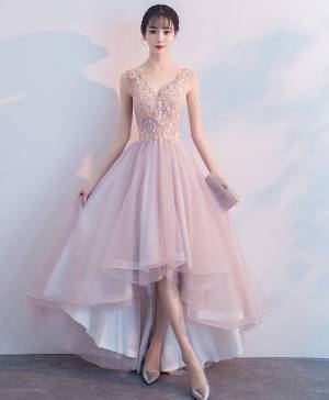Pink Tulle Lace V-neck Cute Prom Evening Dress