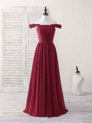 Burgundy Chiffon Off-the-shoulder Long Prom Bridesmaid Dress