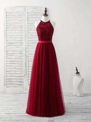 Burgundy Tulle Lace Long Prom Bridesmaid Dress