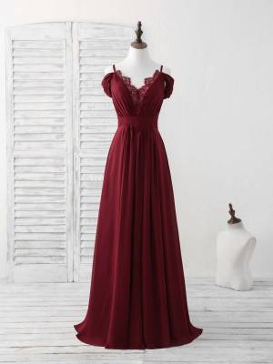 Burgundy Lace Chiffon Long Prom Bridesmaid Dress