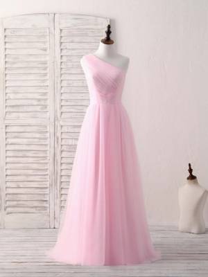 Pink Tulle One Shoulder Long Prom Bridesmaid Dress