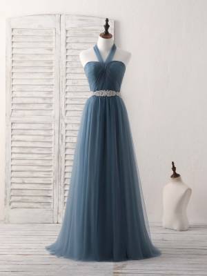 Gray/Blue Tulle A-line Long Bridesmaid Prom Dress