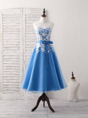 Blue Tulle Lace Round Neck With Applique Tea-length Long Prom Bridesmaid Dress